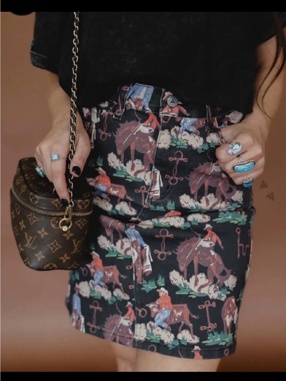 2fly stretch skirt denim Cowboy Print Black Mini Skirt rodeo western